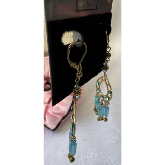 Nordstrom Sequin Pale Gold & Blue Beads Tassel Dangle Drop Earrings Teardrop NEW - Picture 9 of 10